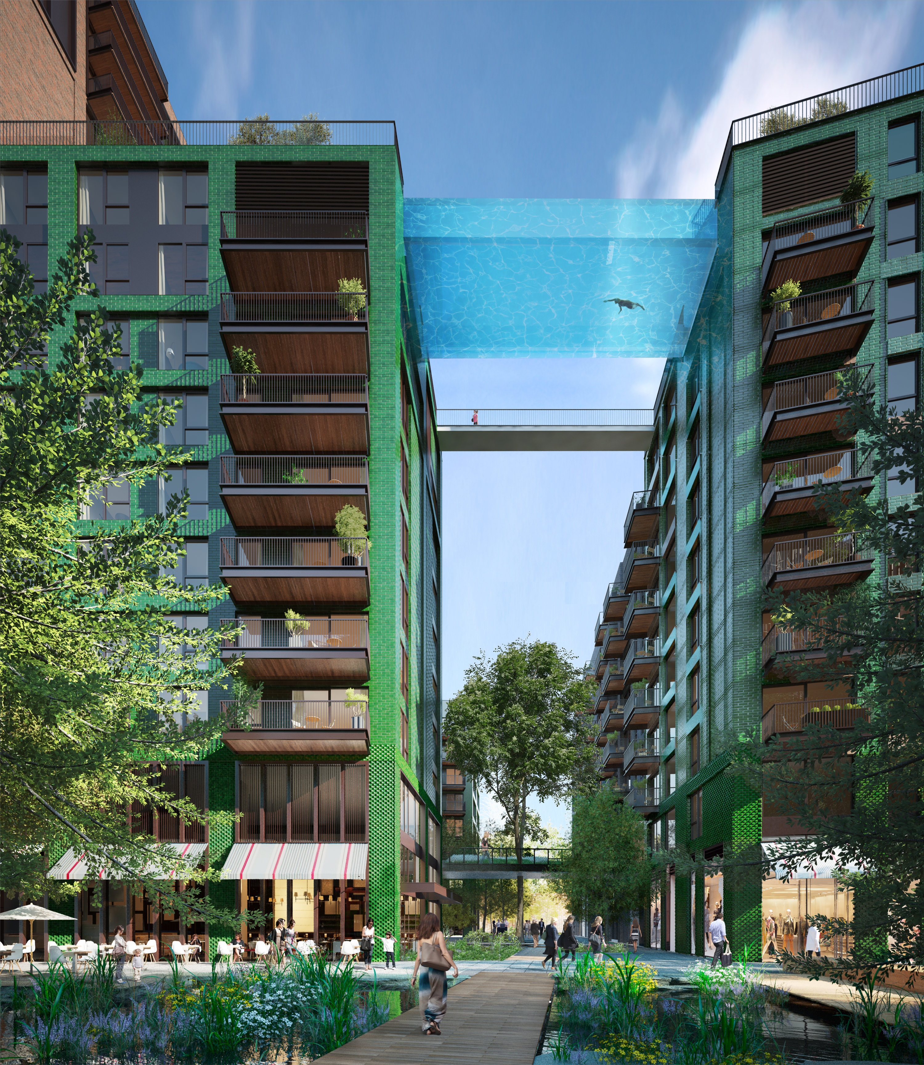Sky Pool at Embassy Gardens by Eco World Ballymore 2 - stunning image of a transparent swimming pool suspended between two buuildings