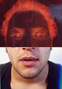 Scary looking man with red eyes