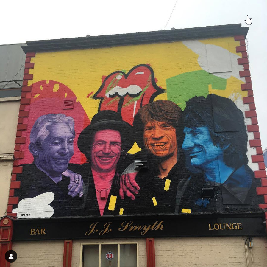 Rolling Stones Graphic over JJ Smyth's Music Pub