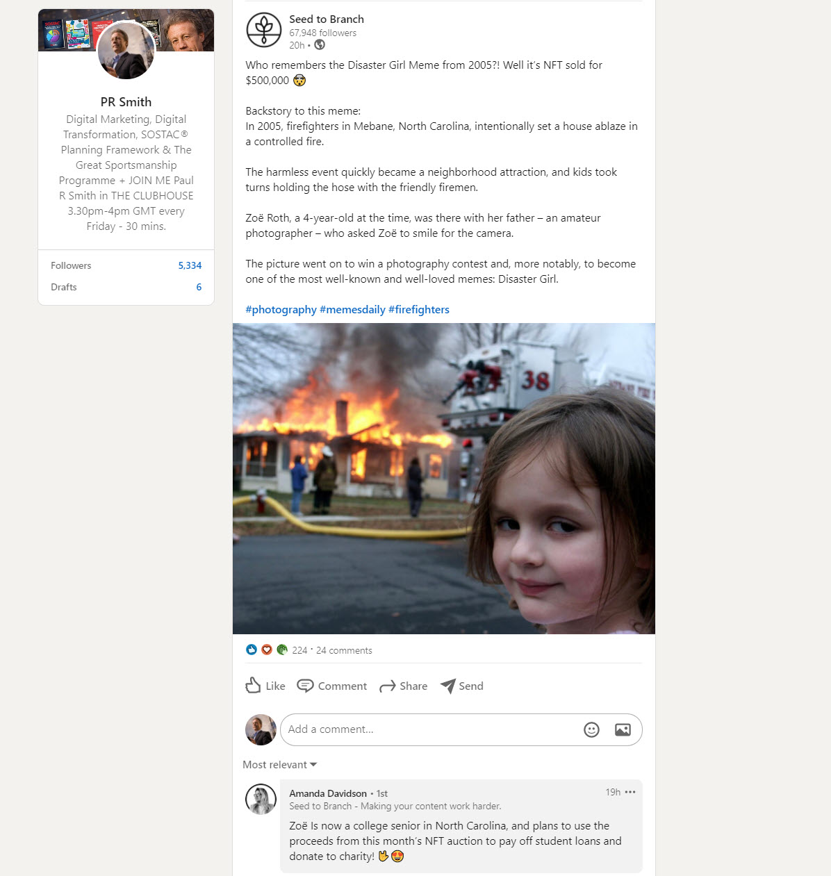 Girl Smiles while Fire Burns - staged photo wins award goes viral and sells as an NFT for $500k