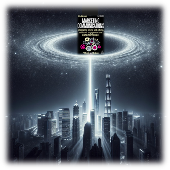 A lightbeam highlights Marketing Communications 8th ed - high above the city's skyline