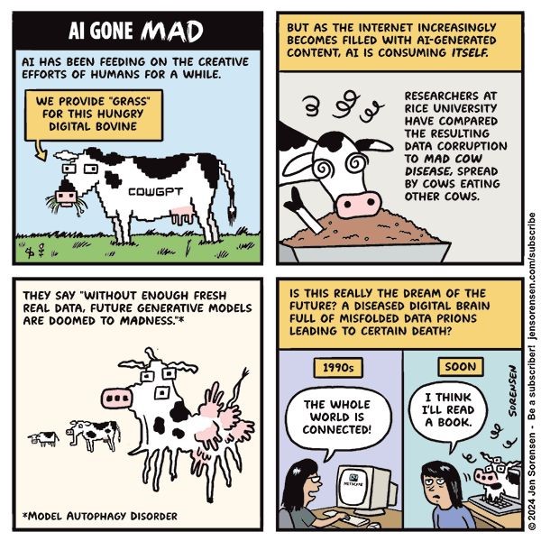 Model Collapse = Mad Cow Disease - cartoon by jensorensen.com