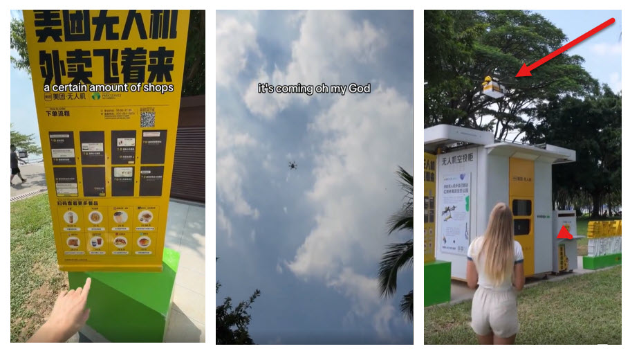 a drone delivers cups of coffee to people via a vending machine.