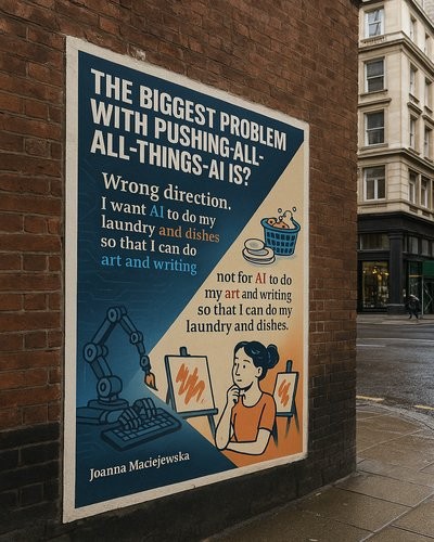 Poster about AI doing my art & writing instead of my laundry and dishes